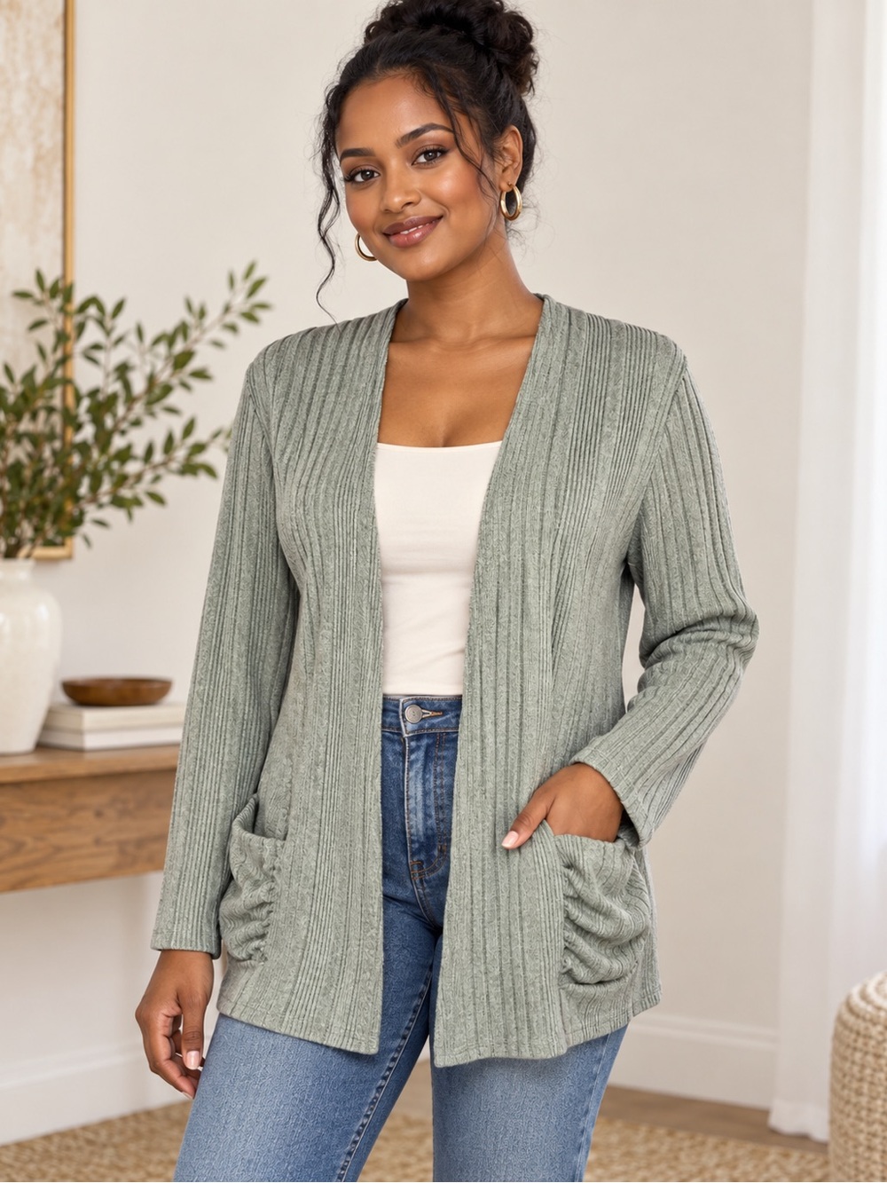 SHEIN Sage Green Ribbed Open Front Cardigan Large Ruched Pockets Stretch